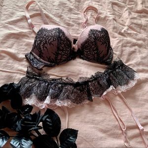 2 Piece Set, Victoria’s Secret Dream Angels pink & black lace bra & garter